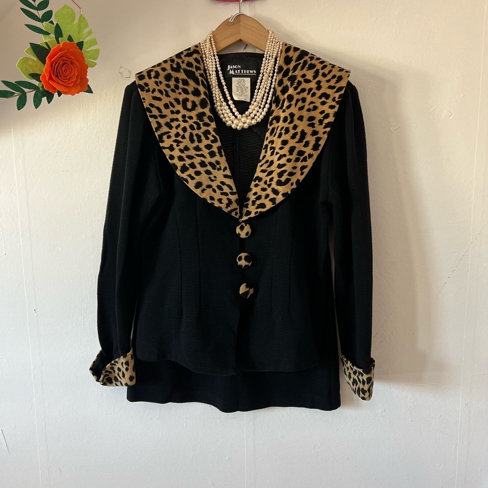 EUC VTG 90s Jason Matthew’s Jacket and Skirt Suit Set Black Ribbed Leopard trim